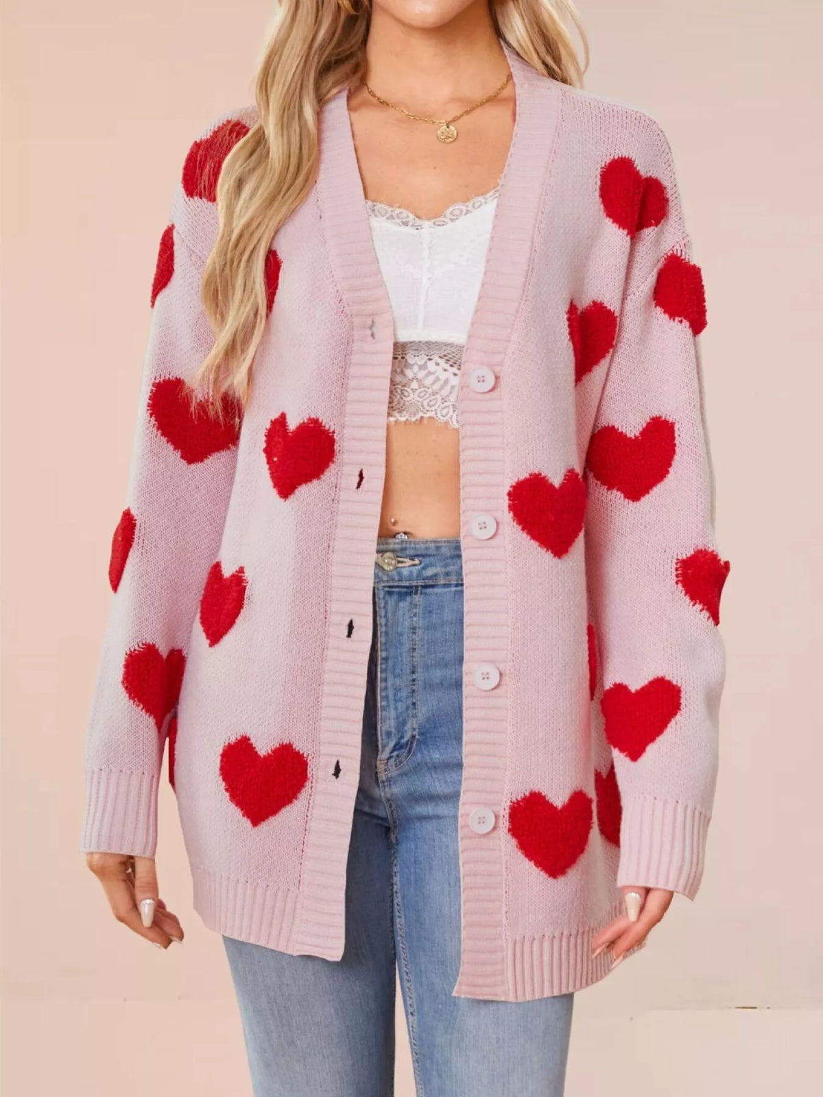 Heart Pattern V-Neck Button-Down Knit Cardigan - Lilixa.store