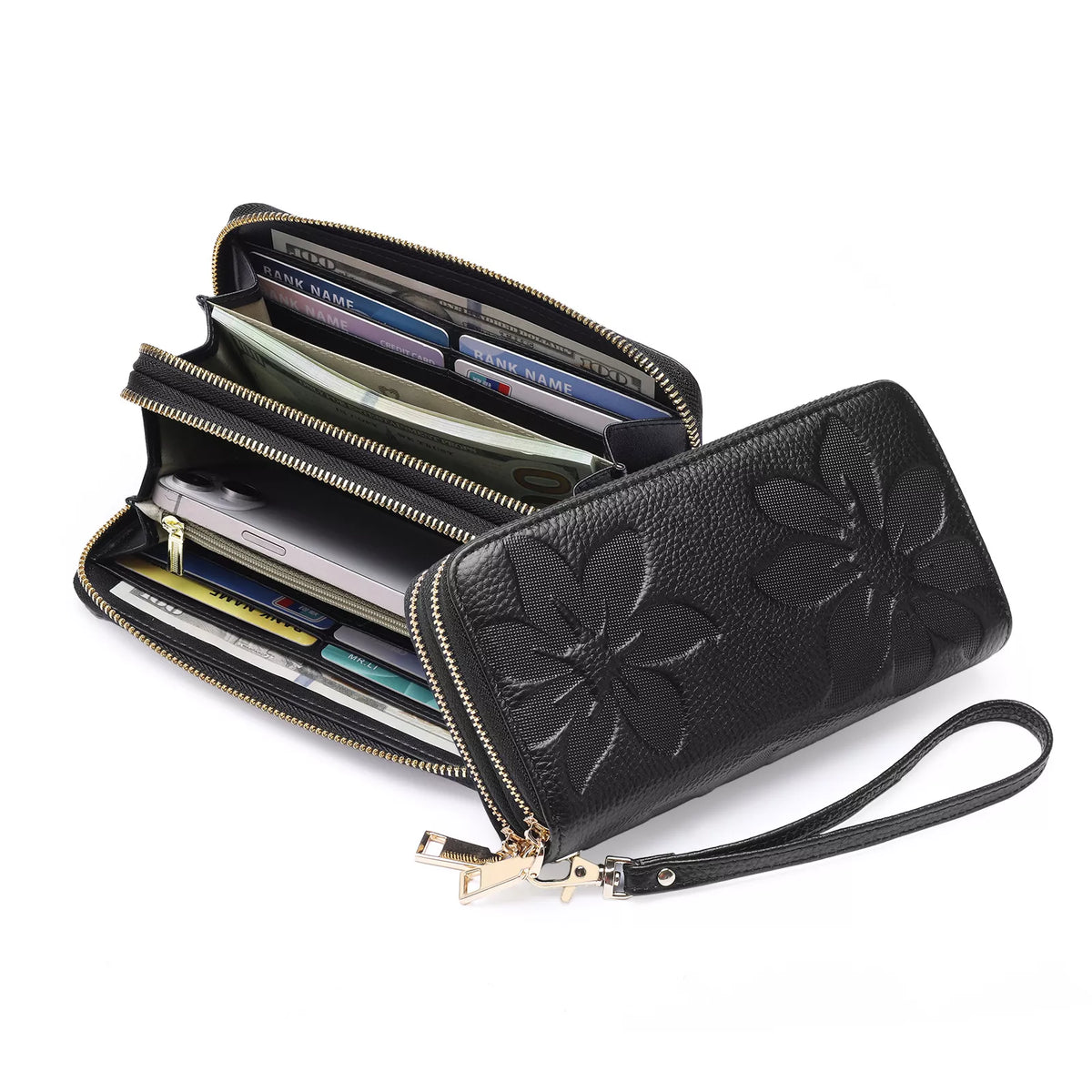 Floral Embossed Leather Zipper Wallet - Lilixa.store