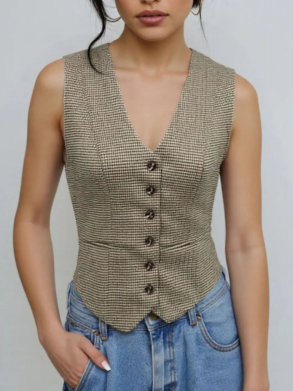 Plaid Button Down Vest in Mocha, view 2
