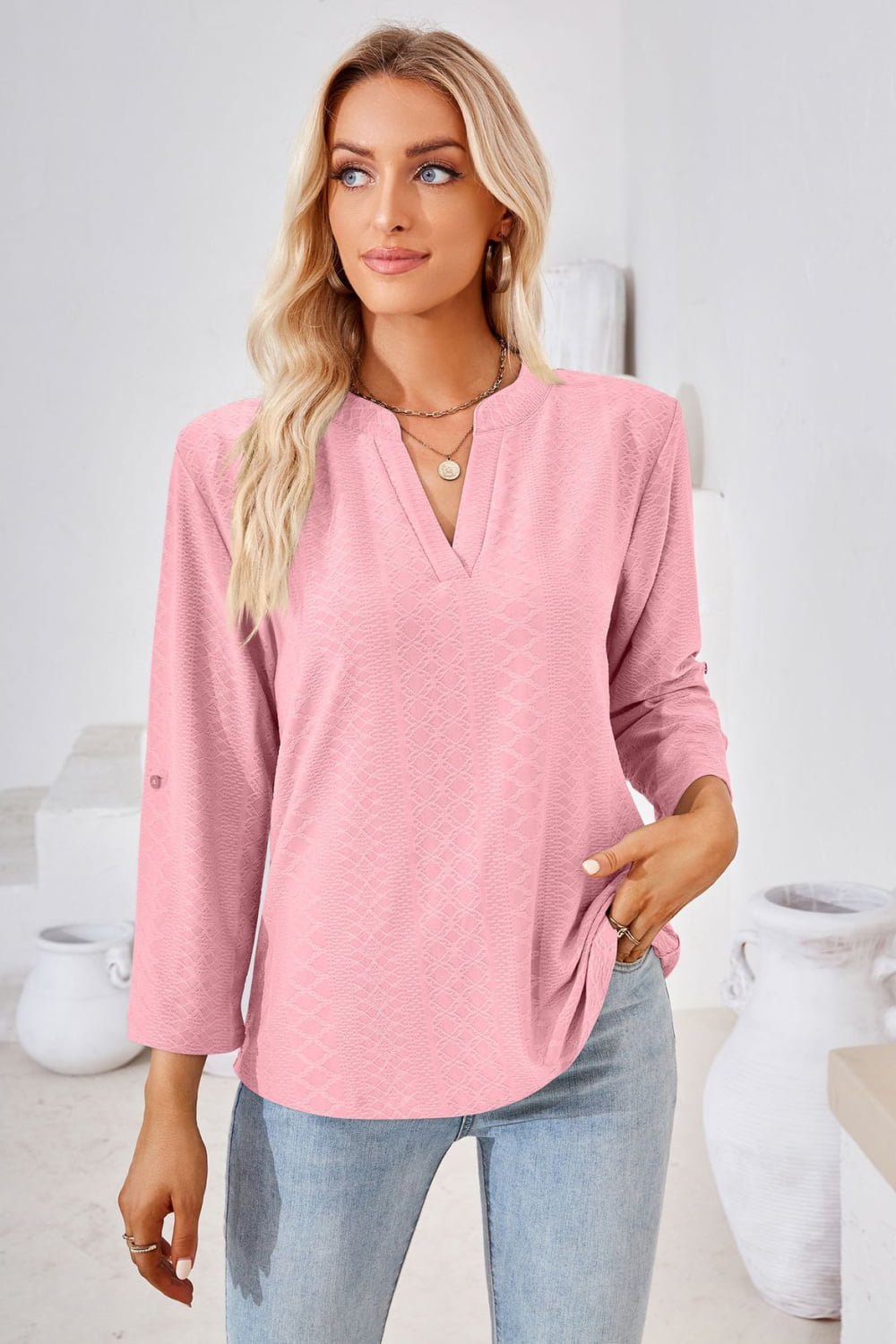 V-Neck Roll-Tap Sleeve Blouse in Pink