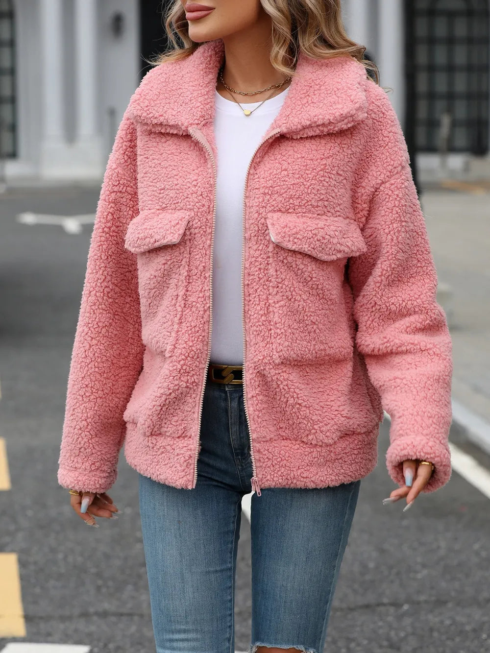 Zip Up Long Sleeve Plush Jacket in Burnt Coral, view 5