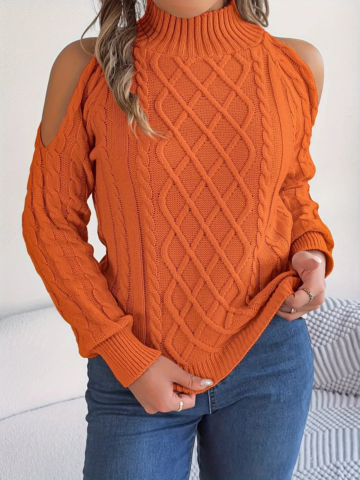 Cold-Shoulder Cable Knit Sweater, view 4