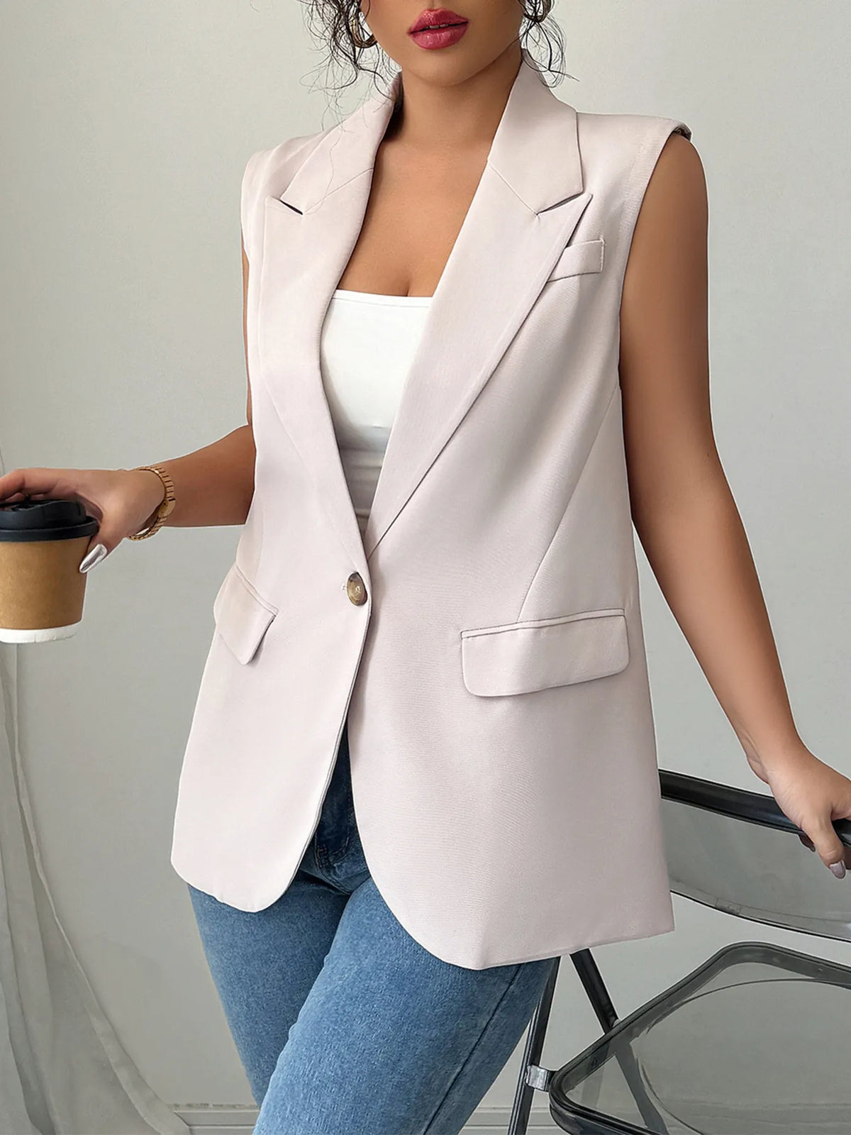One Button V-Neck Blazer Vest Coat in Apricot