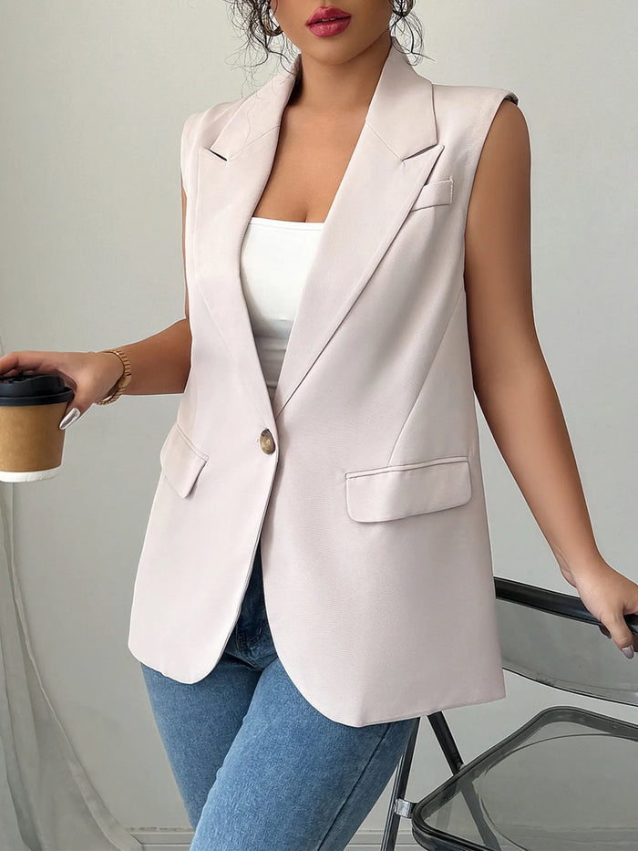One Button V-Neck Blazer Vest Coat in Apricot