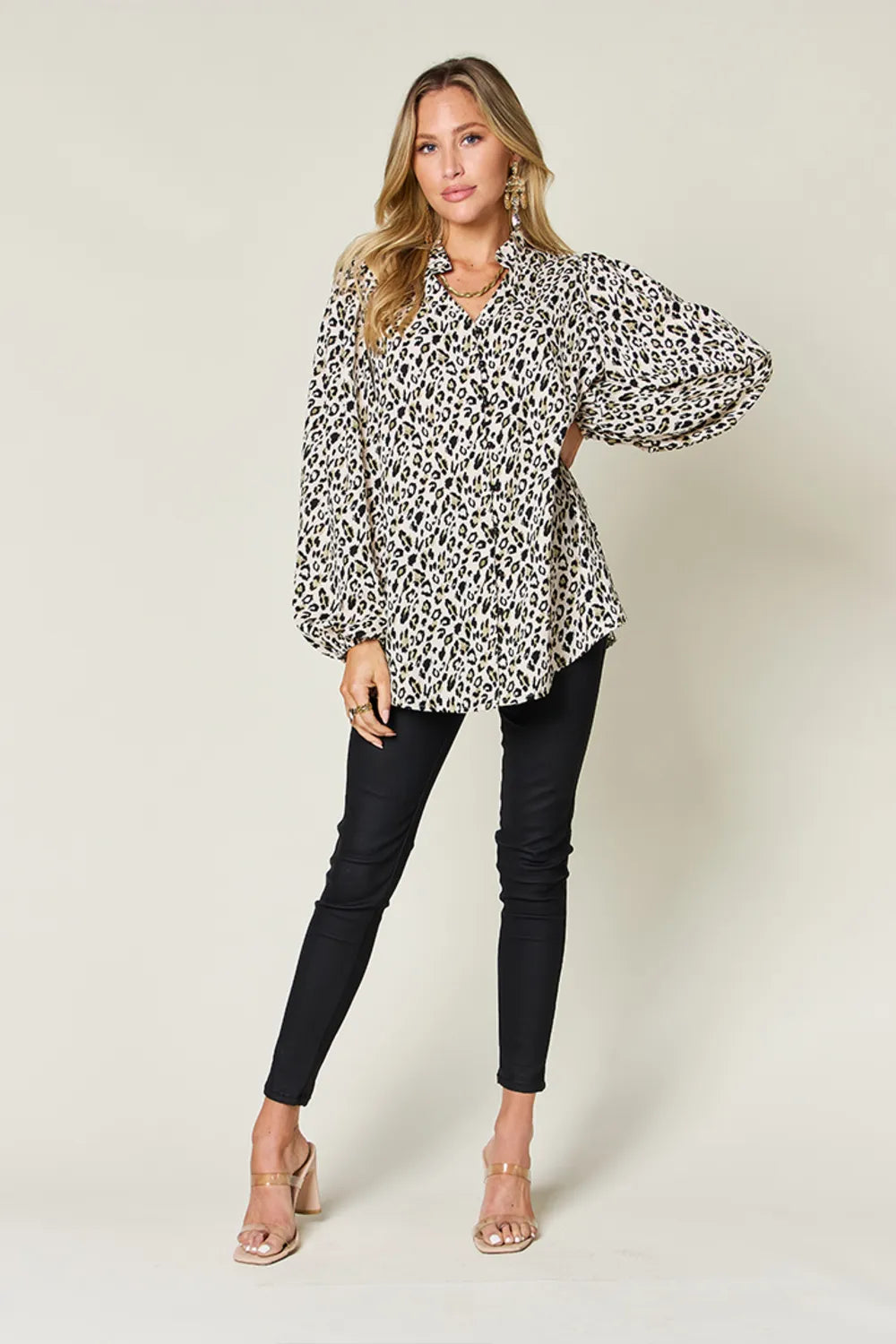 Double Take Full Size Leopard Long Sleeve Blouse - Lilixa.store