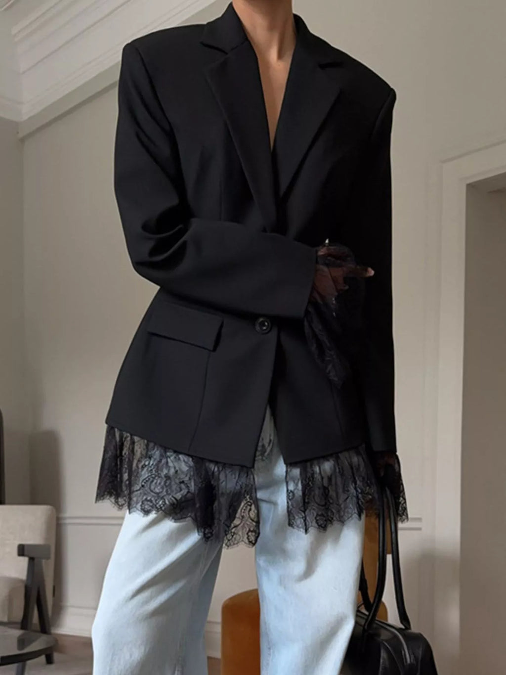Lace Hem Lapel Collar Blazer - Lilixa.store