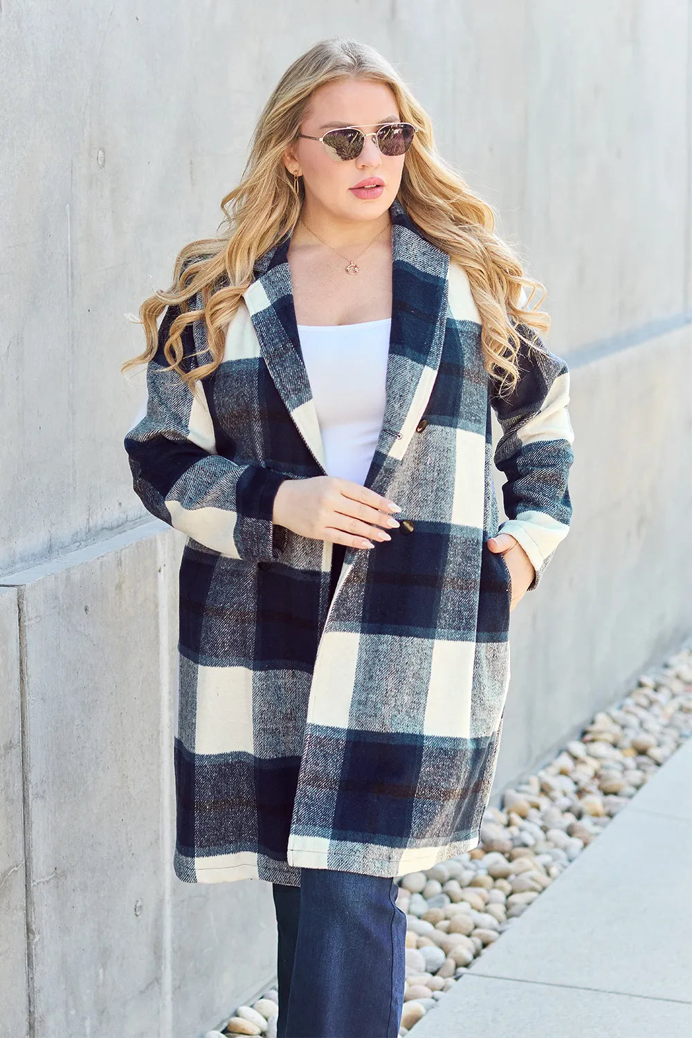 Double Take Full Size Plaid Button Up Lapel Collar Coat - Lilixa.store