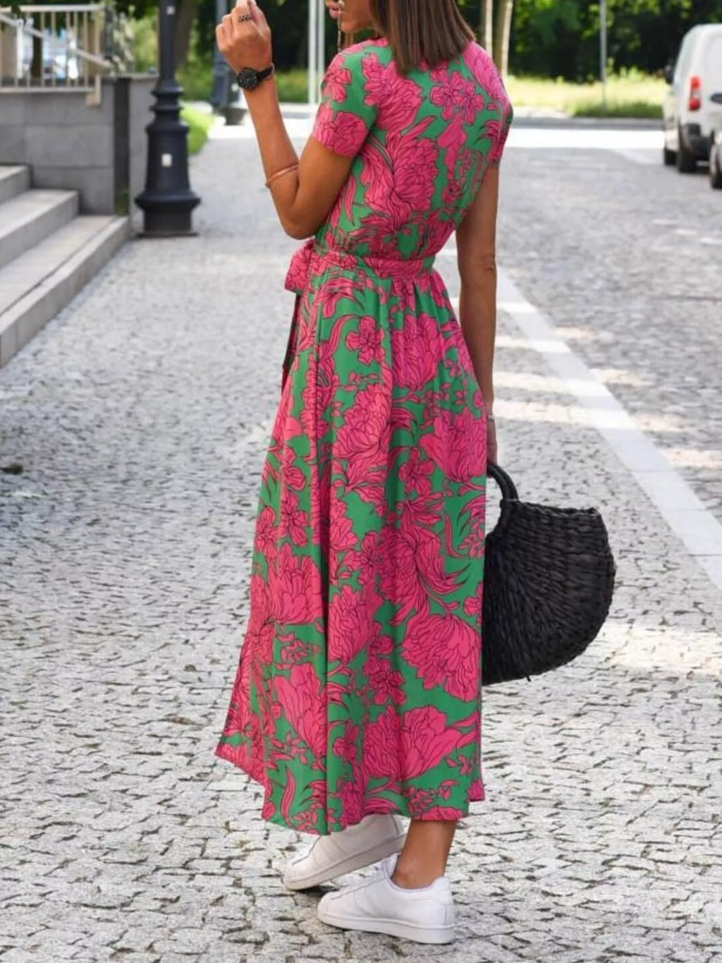 Full Size Slit Floral Print Short Sleeve Dress Plus Size - Lilixa.store