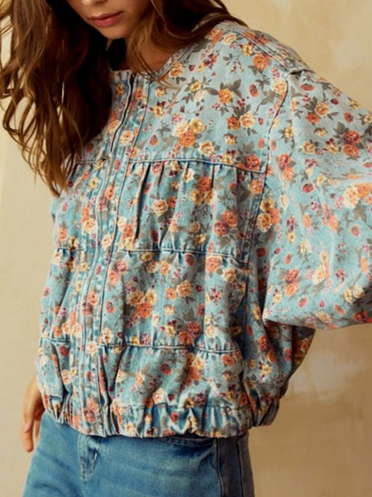 Floral Print Zip Up Cropped Denim Jacket, view 4