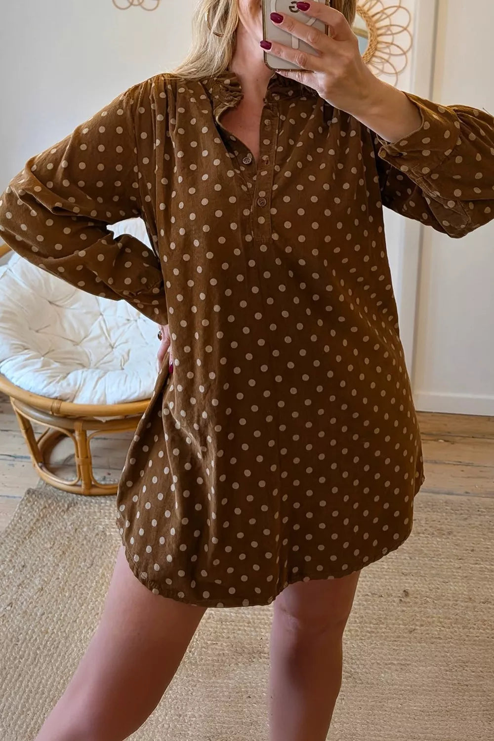 Polka Dot V Neck Long Sleeve Button Shift Dress - Lilixa.store