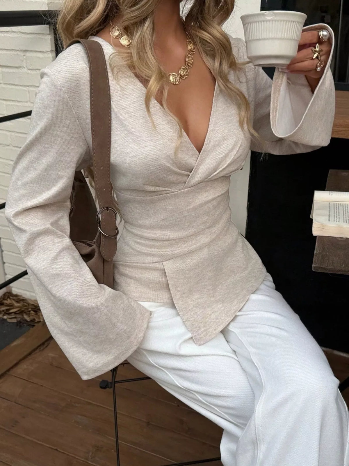 Elegant V-Neck Wrap Asymmetrical Blouse with Flared Sleeves, view 9