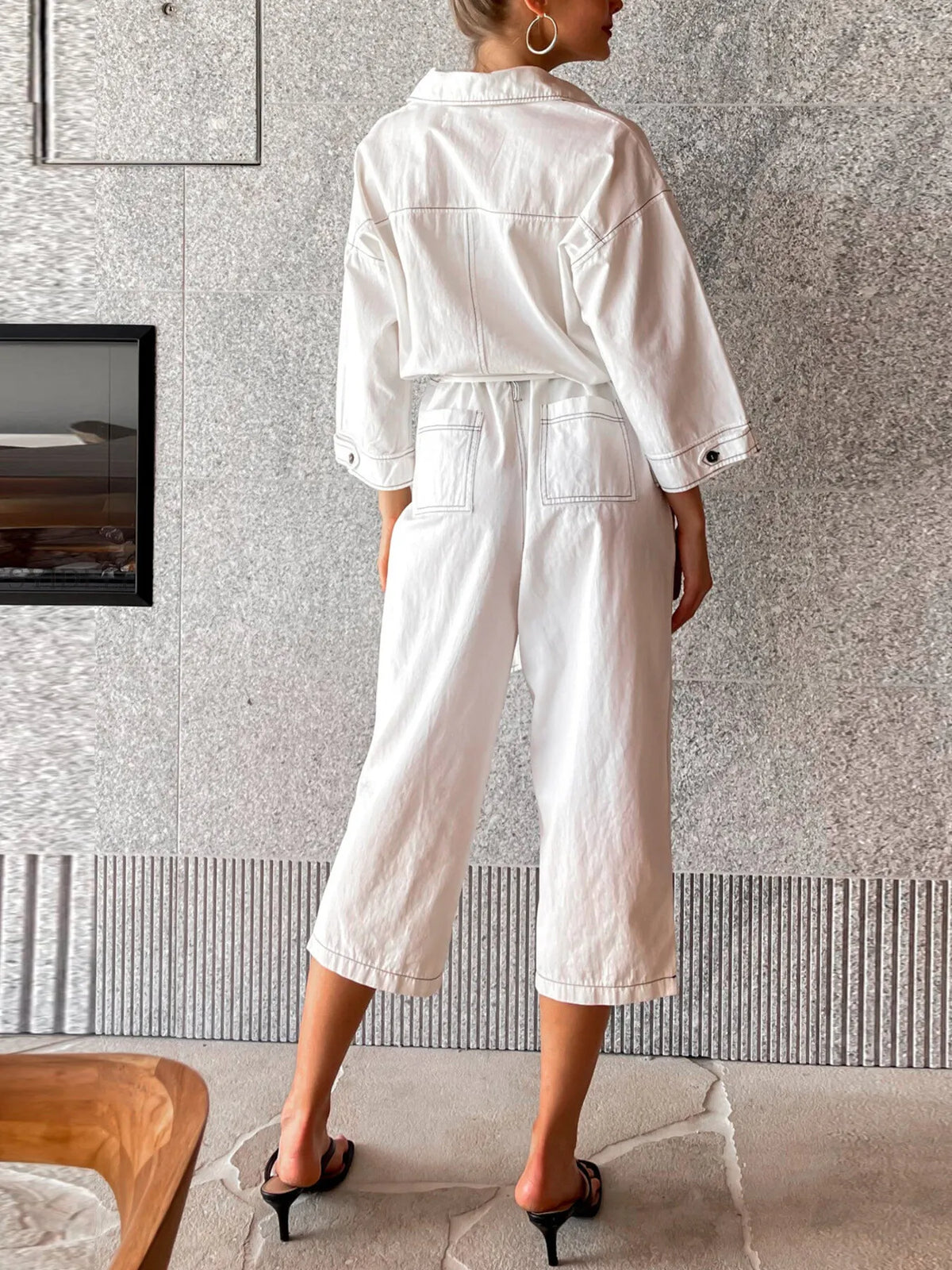 Tie Waist Wide Leg Jumpsuit in White, view 3