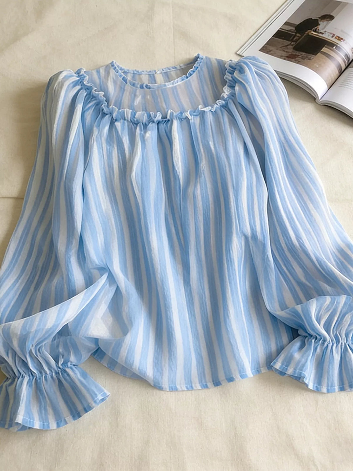 Striped Flounce Sleeve Blouse in Blue