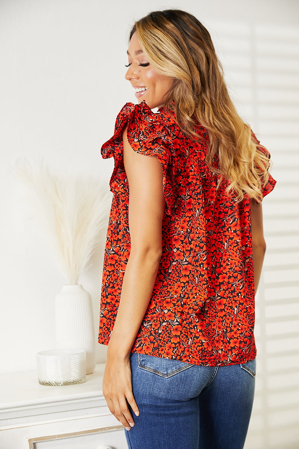 Double Take Floral Flutter Sleeve Notched Neck Blouse in Orange-Red, view 5
