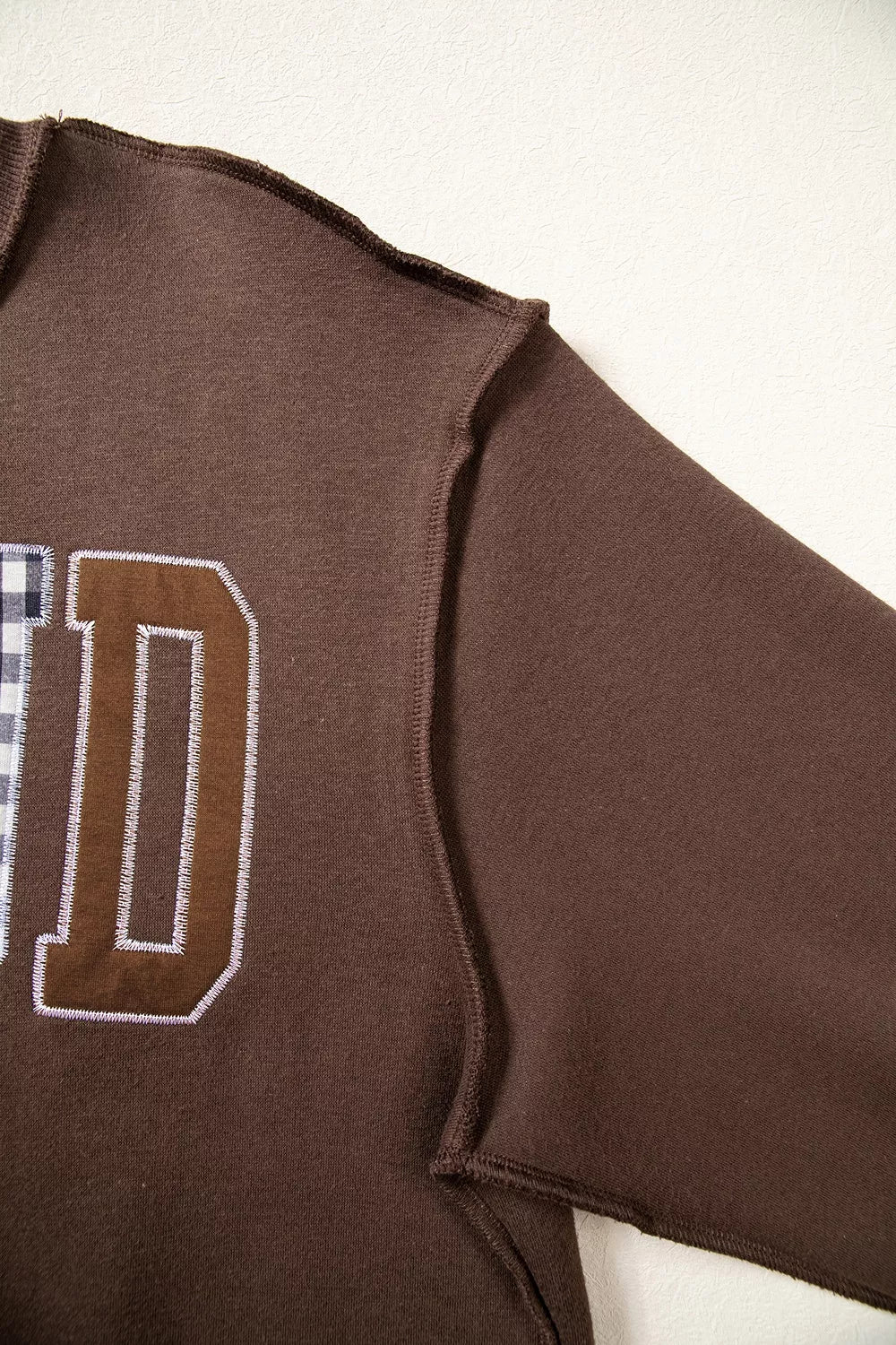 WWJD Mixed Pattern Embroidered Patch Graphic Mock Neck Sweatshirt in Dark Brown, view 8