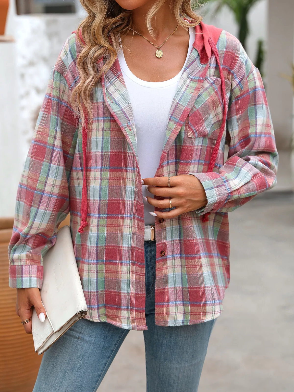 Plaid Button-Up Hooded Shirt with Chest Pocket - Lilixa.store