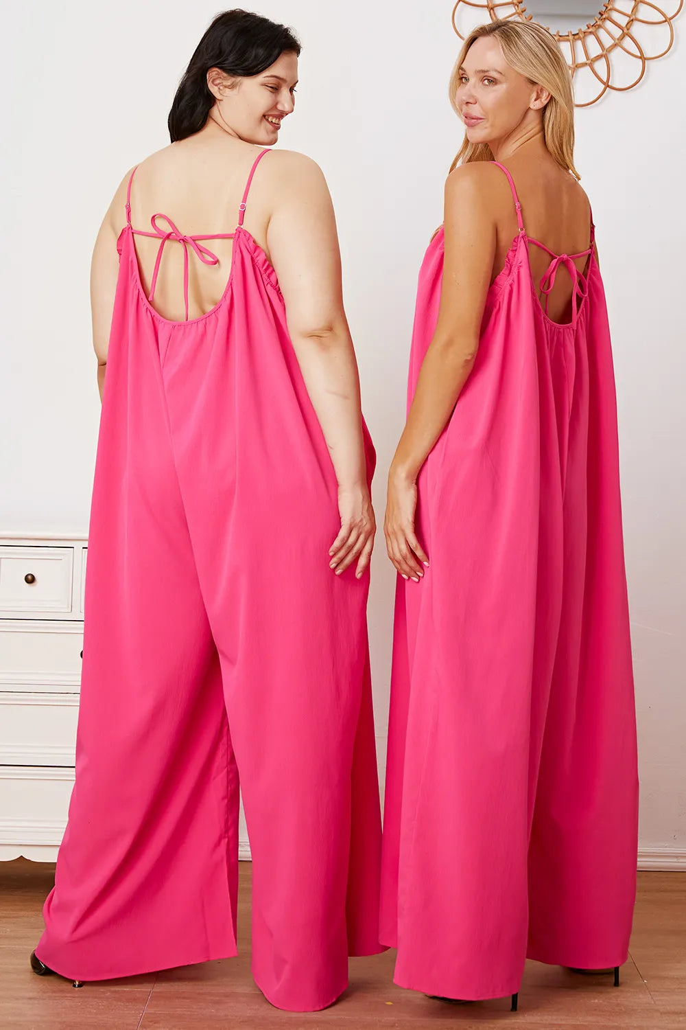 Double Take Full Size Ruffle Trim Tie Back Cami Jumpsuit with Pockets - Lilixa.store