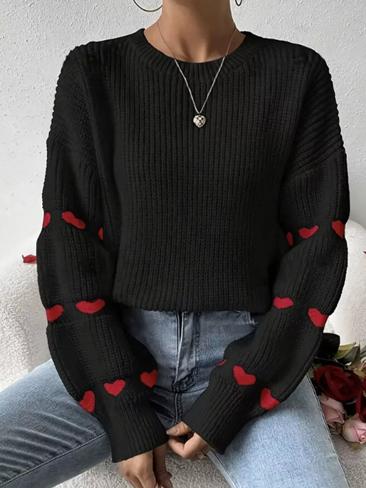 Heart Pattern Dropped Shoulder Sweater in Black