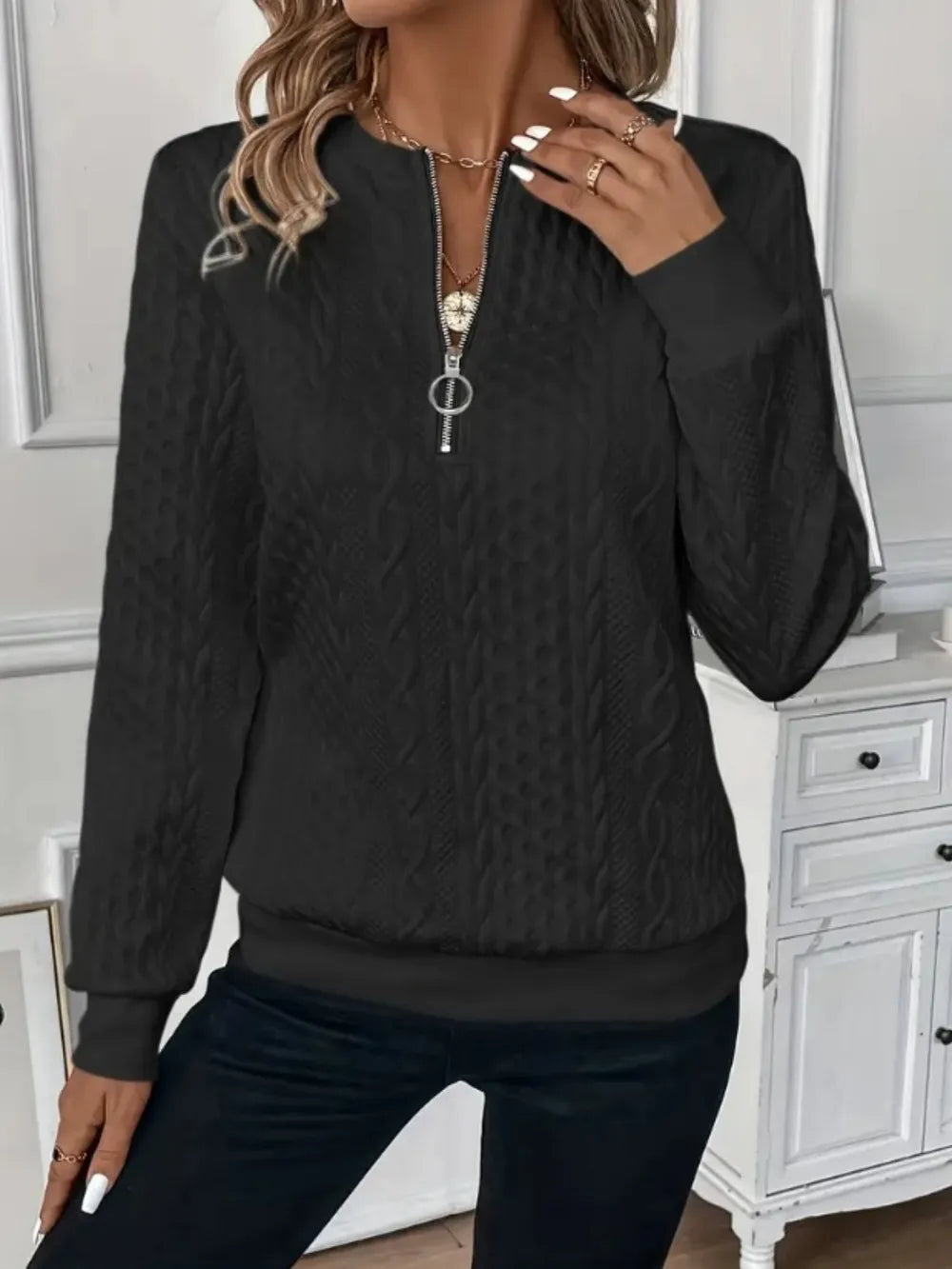 Texture Half Zip Long Sleeve Sweatshirt - Lilixa.store