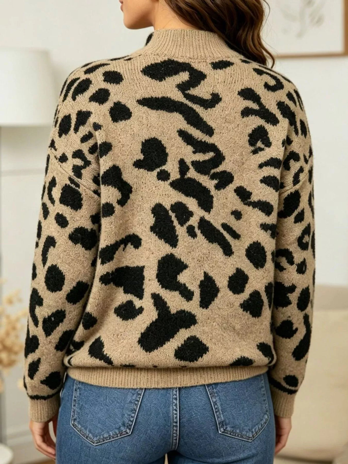 Leopard Print Mock Neck Knit Sweater in Khaki, view 3