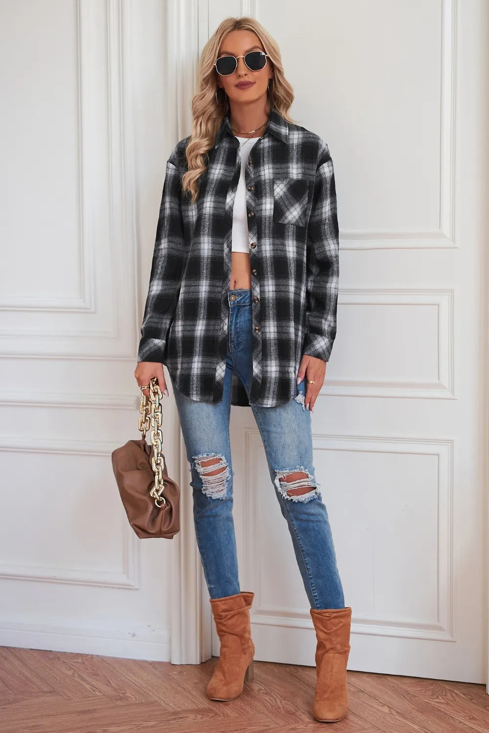 Plaid Button Up Dropped Shoulder Outerwear - Lilixa.store