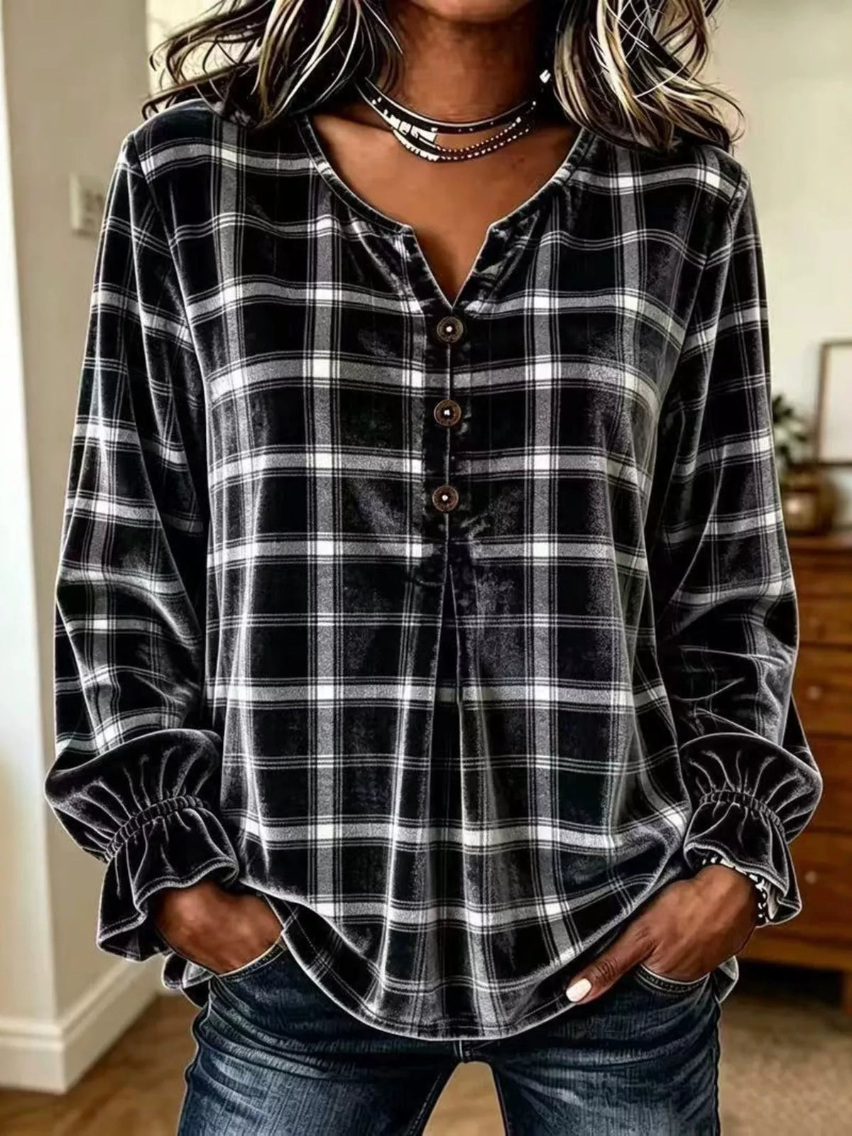 Full Size Plaid Velvet Flounce Sleeve Blouse Plus Size in Black