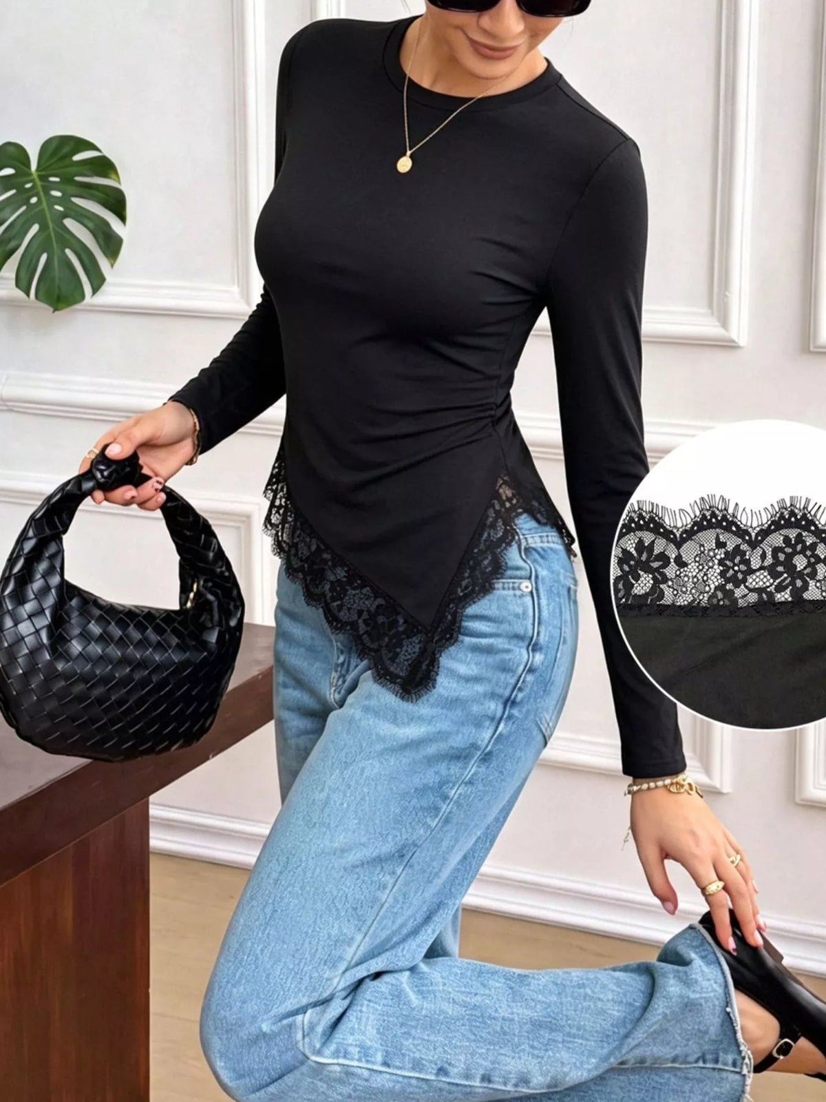 Asymmetrical Lace Hem Long Sleeve T-Shirt