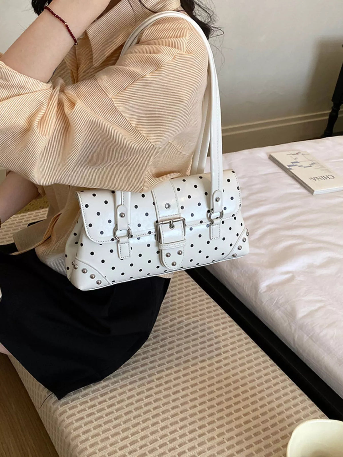 Polka Dot Studded Shoulder Bag - Lilixa.store