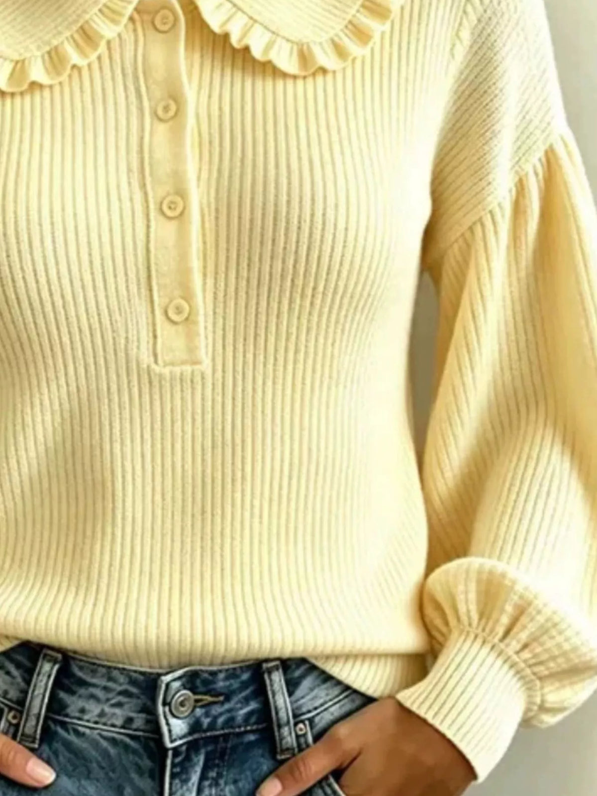 Full Size Ruffle Collar Button Detail Sweater Plus Size