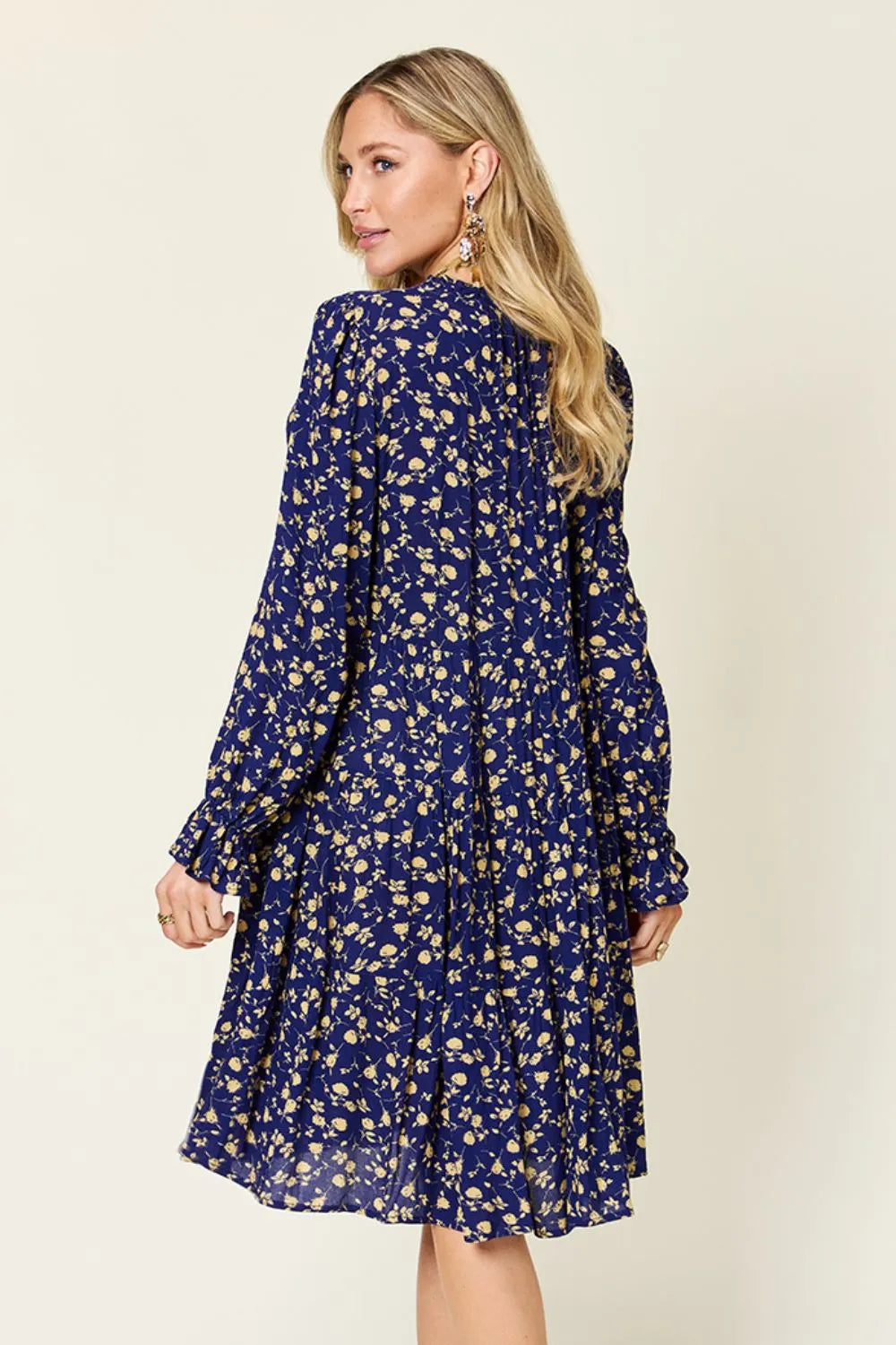 Double Take Full Size Printed Ruffle Hem Long Sleeve Tiered Dress - Lilixa.store