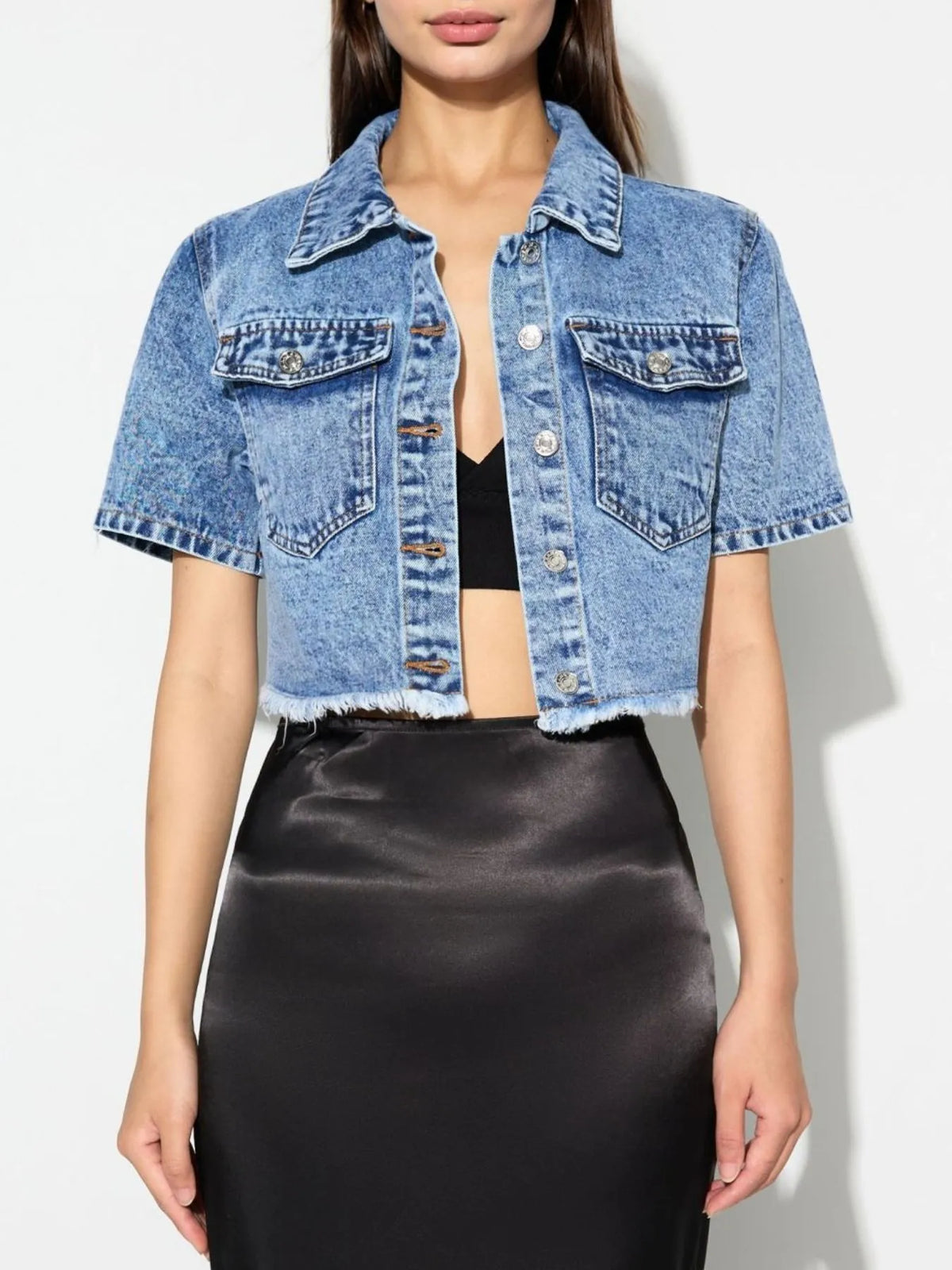 Cropped Short Sleeve Denim Jacket with Frayed Hem in Blue, view 5