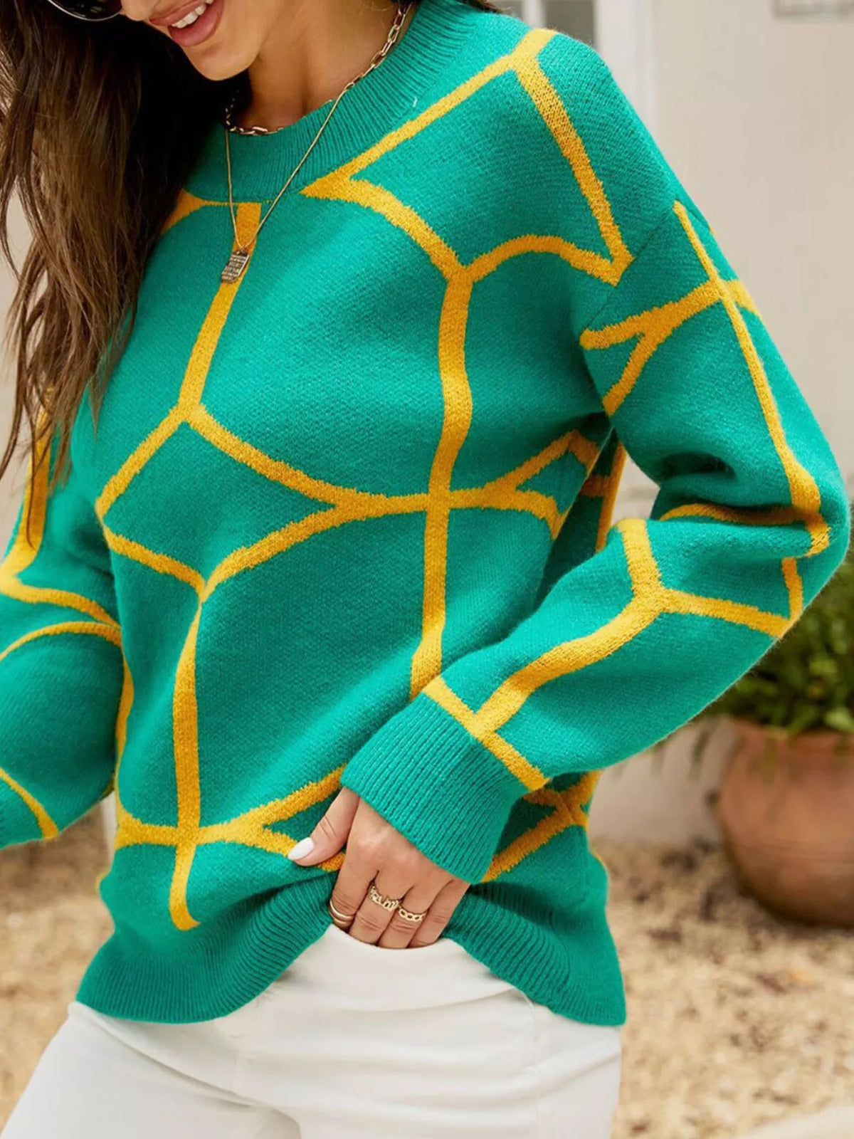 Geometric Pattern Crew Neck Sweater - Lilixa.store