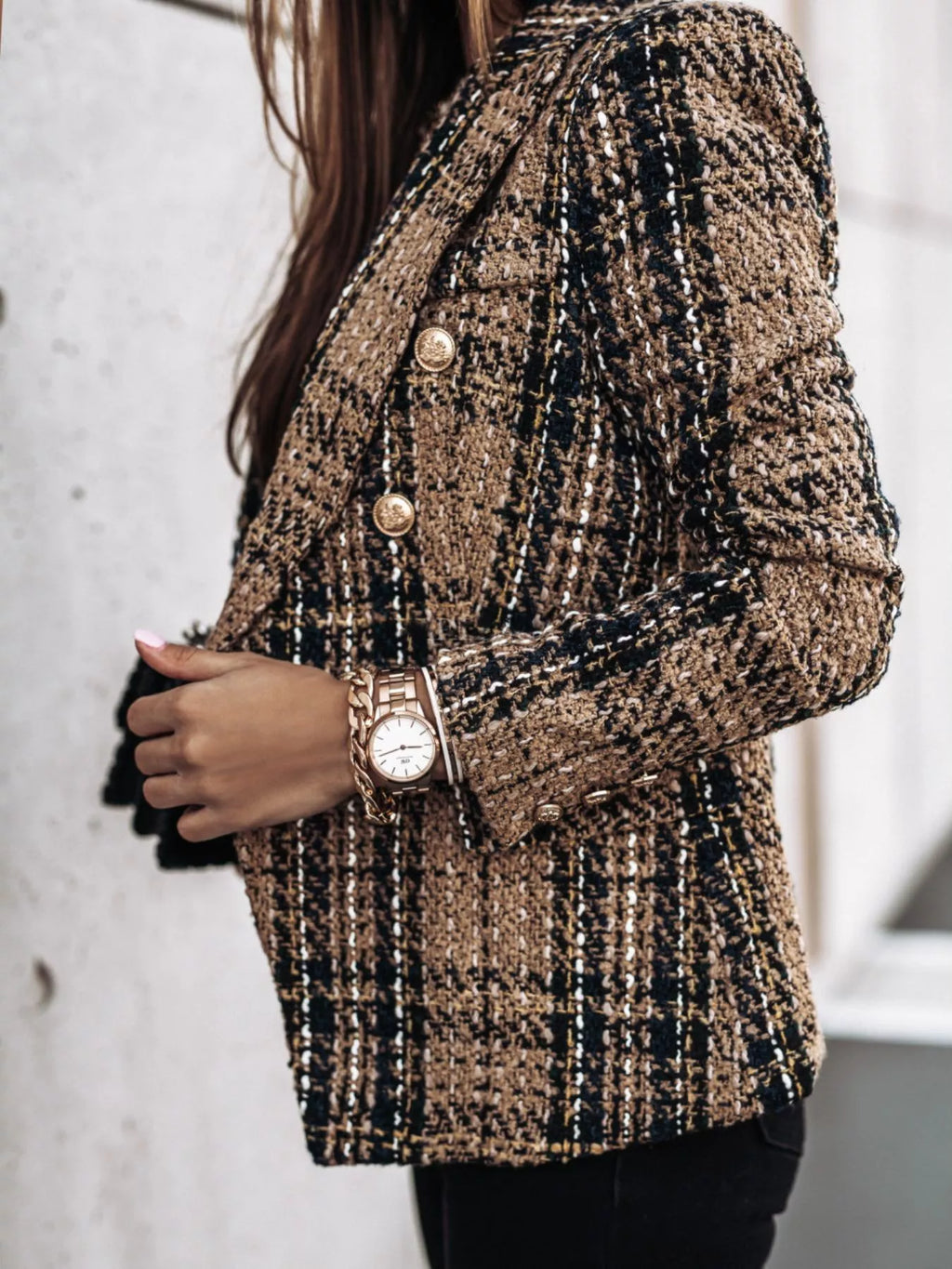 Full Size Plaid Tweed Double-Breasted Blazer Plus Size - Lilixa.store