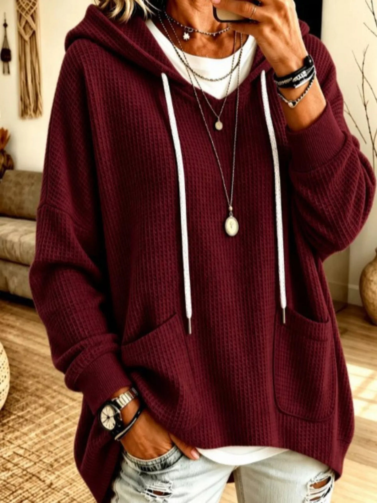 Full Size Waffle Knit Hoodie with Pockets Plus Size - Lilixa.store