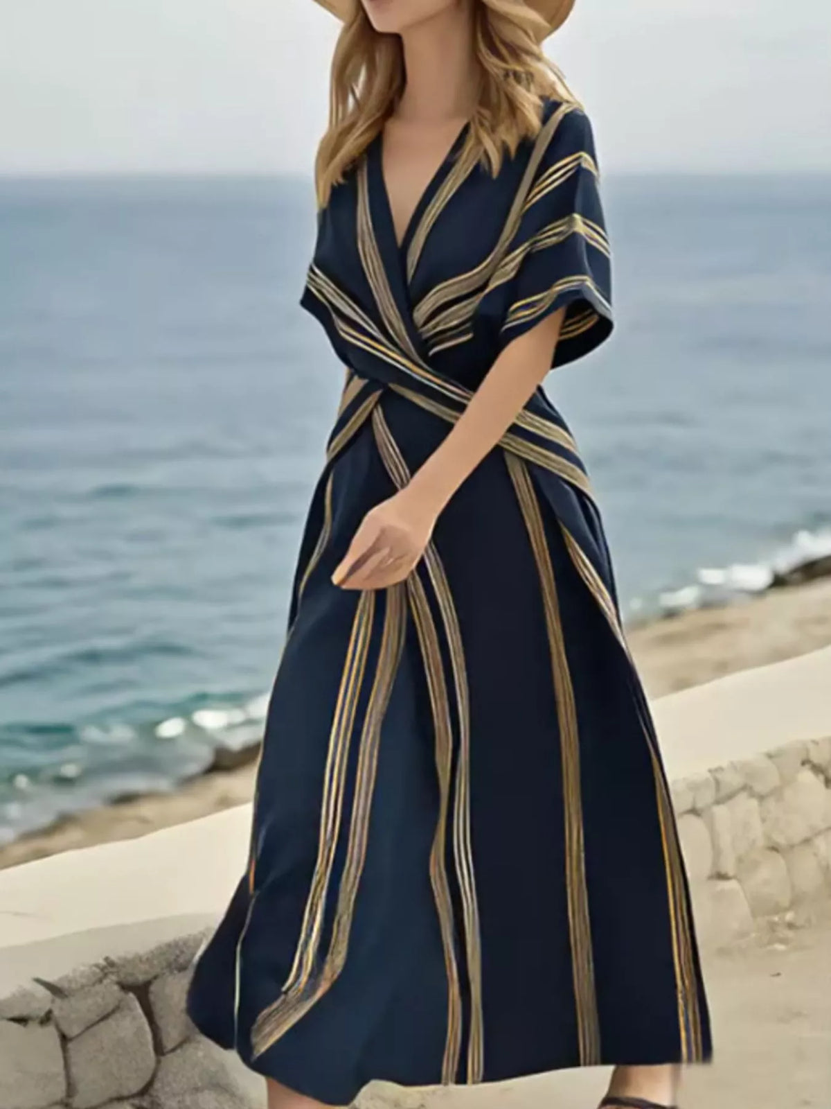 Full Size Striped Surplice Half Sleeve Midi Dress Plus Size - Lilixa.store