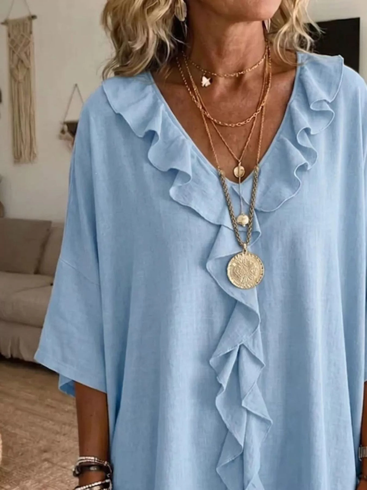 Full Size Ruffle V-Neck 3/4 Sleeve Blouse Plus Size - Lilixa.store