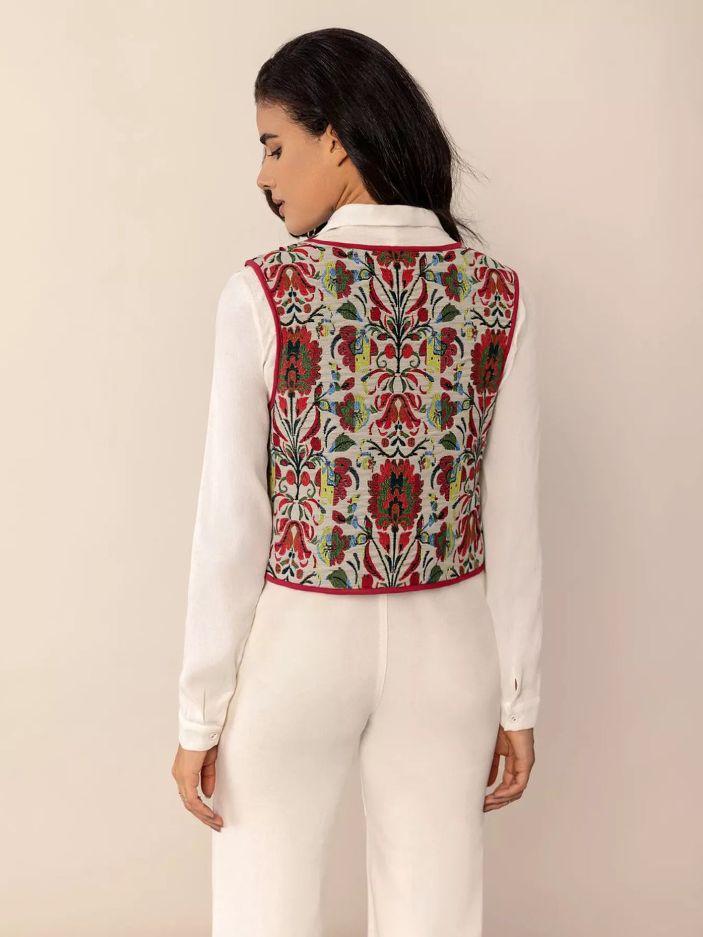 Floral Embroidered Tie-Front Vest Coat - Lilixa.store
