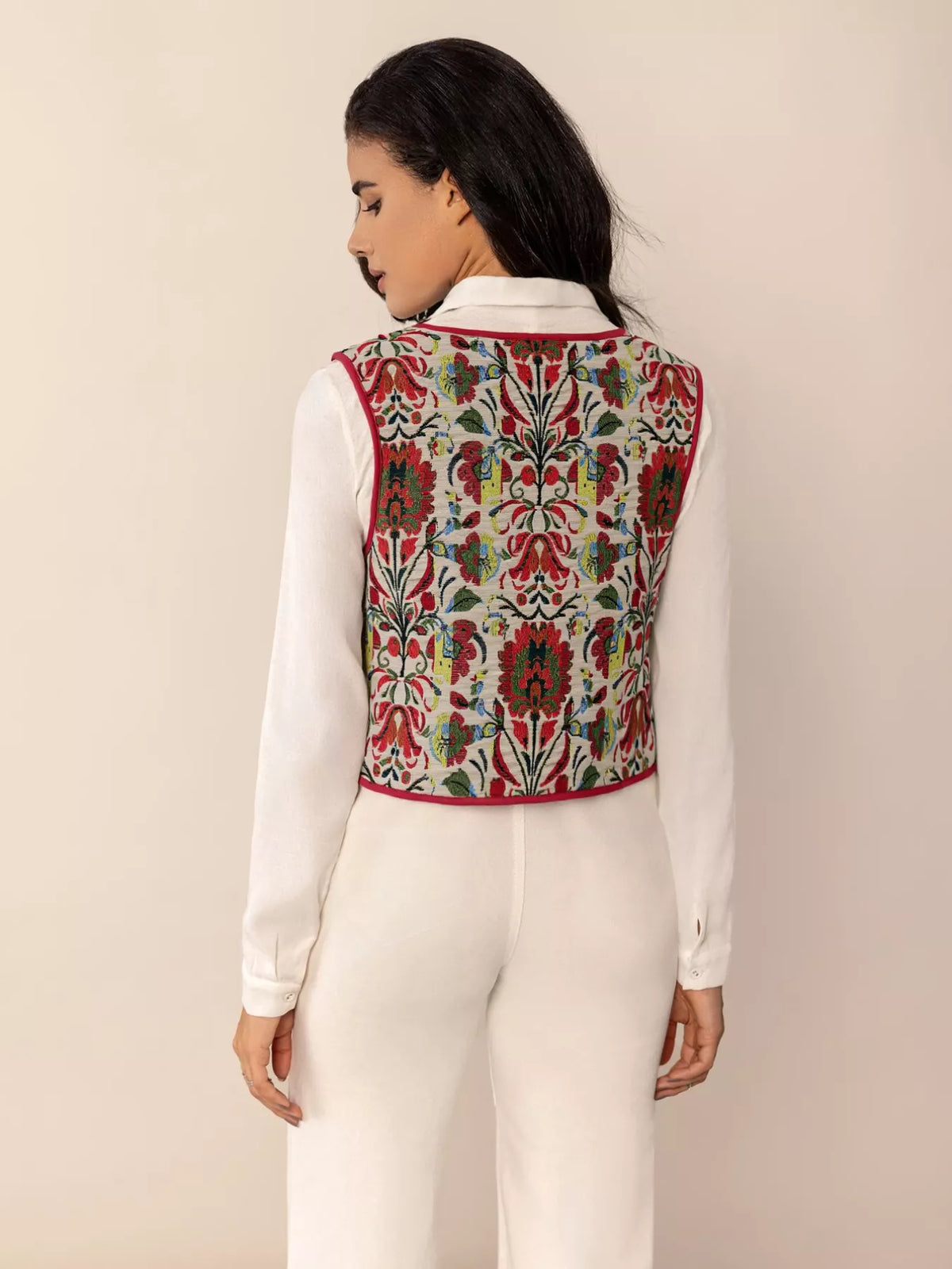 Floral Embroidered Tie-Front Vest Coat in Deep Red, view 9