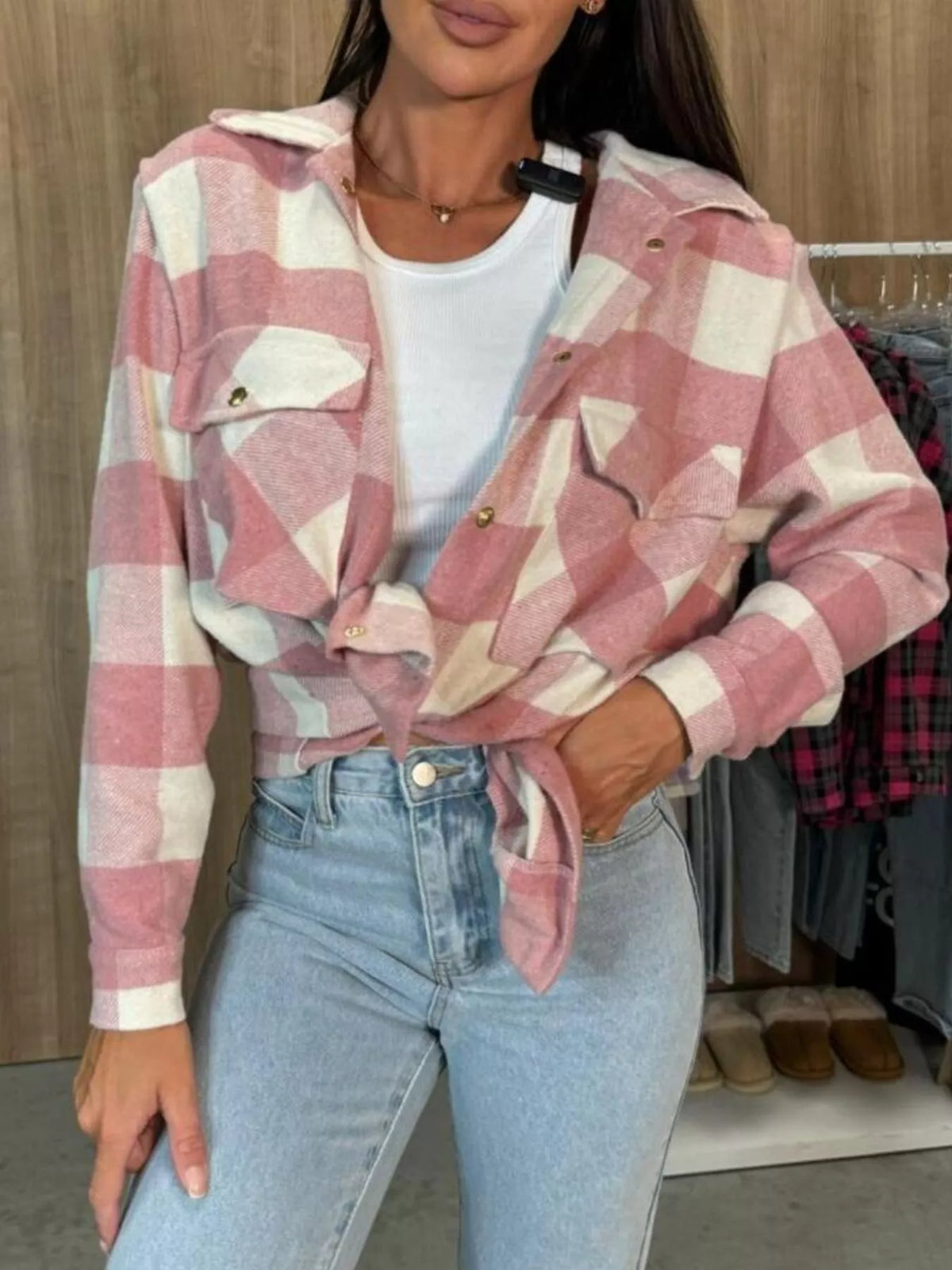 Plaid Button-Down Long Sleeve Shacket, view 2