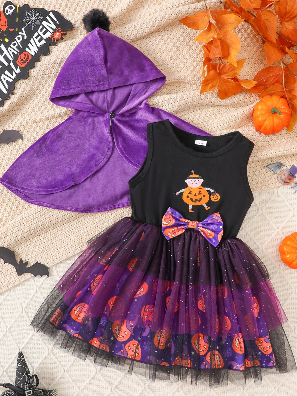 Children's Halloween Hooded Cape and Printed Dress Witch Costume Set - Lilixa.store