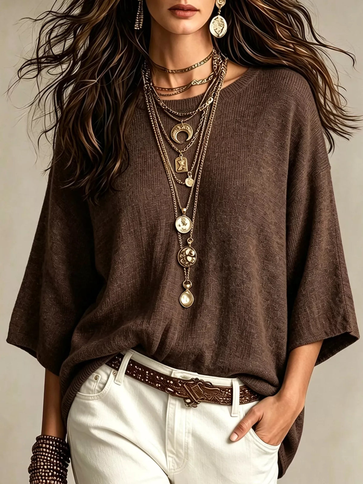 Round Neck 3/4 Sleeve Knit Top - Lilixa.store