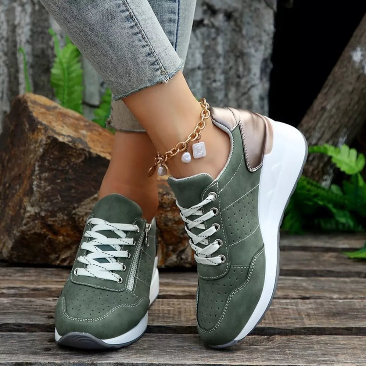 Platform Lace Up Sneakers in Army Green
