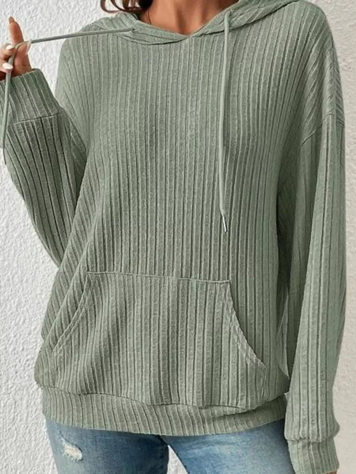 Ribbed Knit Long Sleeve Drawstring Hoodie - Lilixa.store