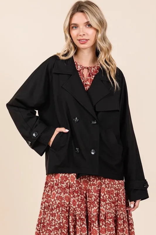 Mittoshop Double Breasted Long Sleeve Trench Coat Jacket in Black, view 4