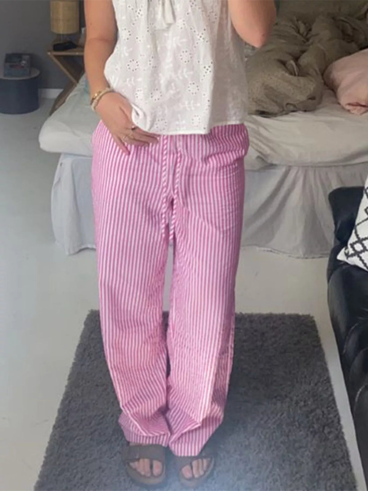 Striped High-Waisted Drawstring Casual Pants