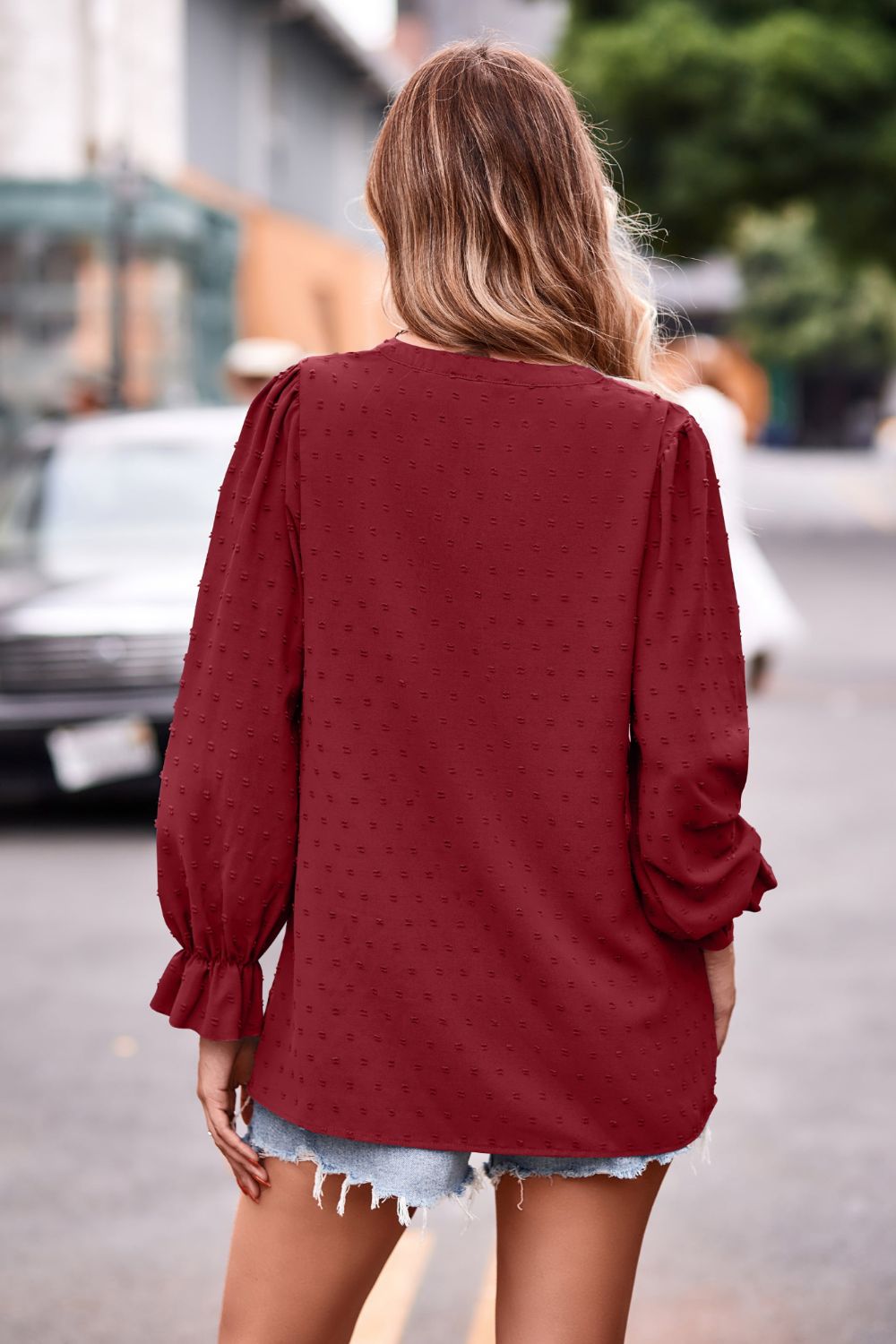Swiss Dot Notched Neck Flounce Sleeve Blouse, view 12