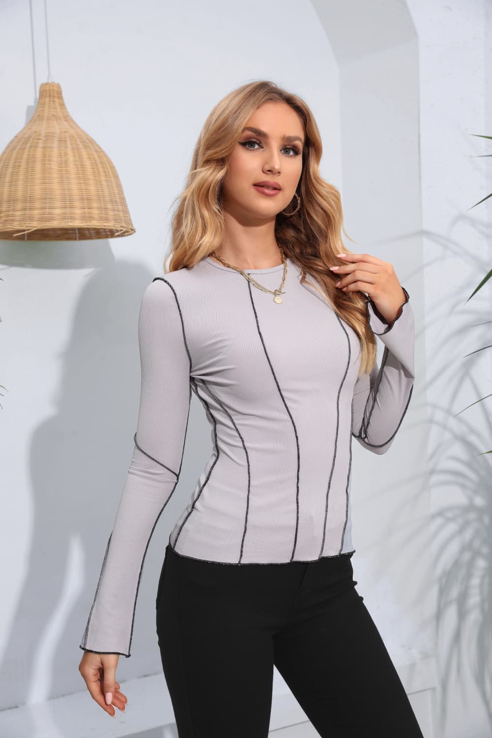 Ribbed Round Neck Long Sleeve Blouse, view 3