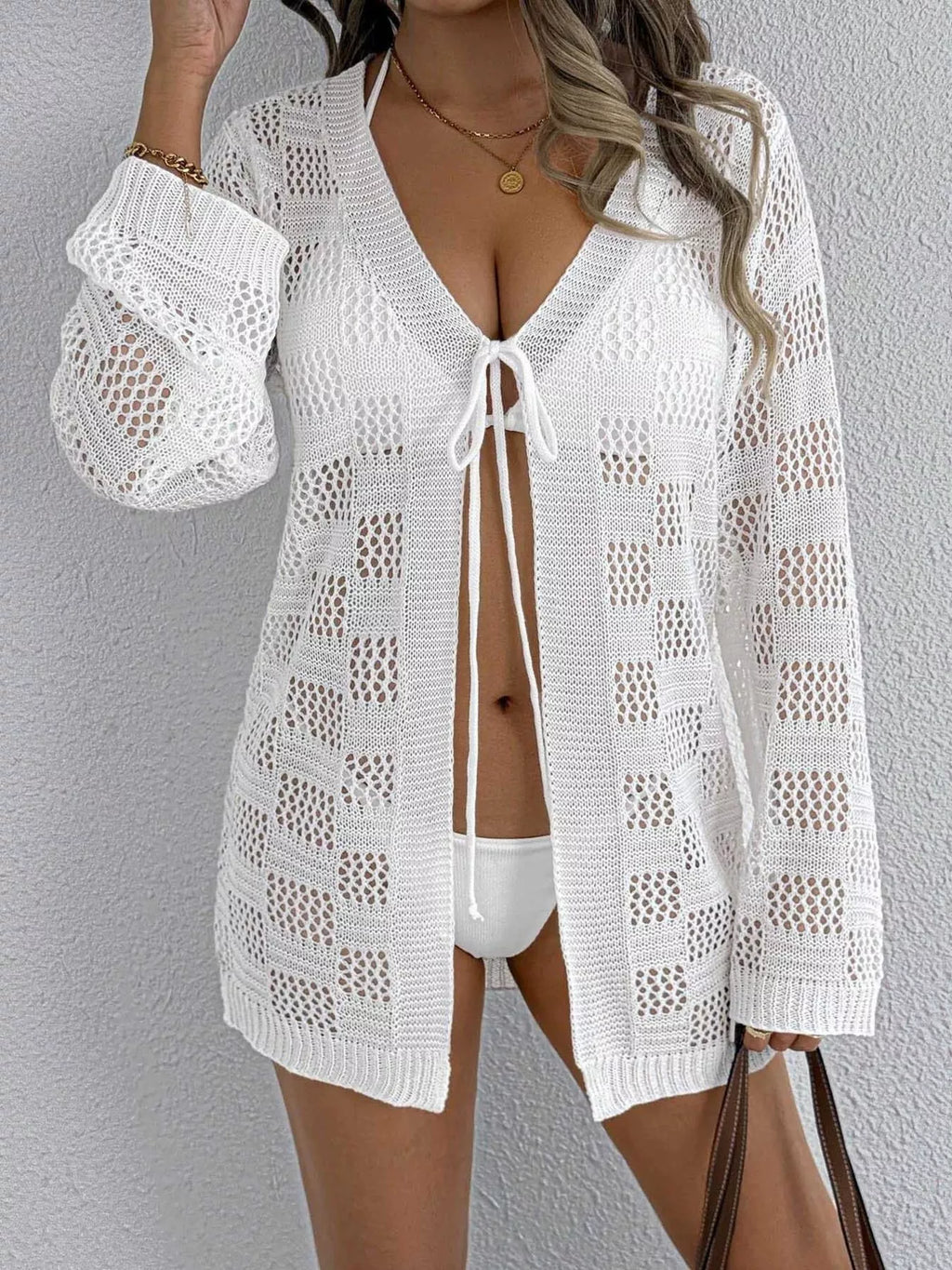 Crochet Knit Tie Front Cover-Up - Lilixa.store