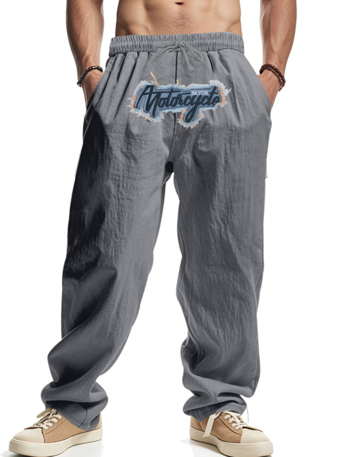 Men's Full Size Drawstring Letter Casual Pants Plus Size in Grey