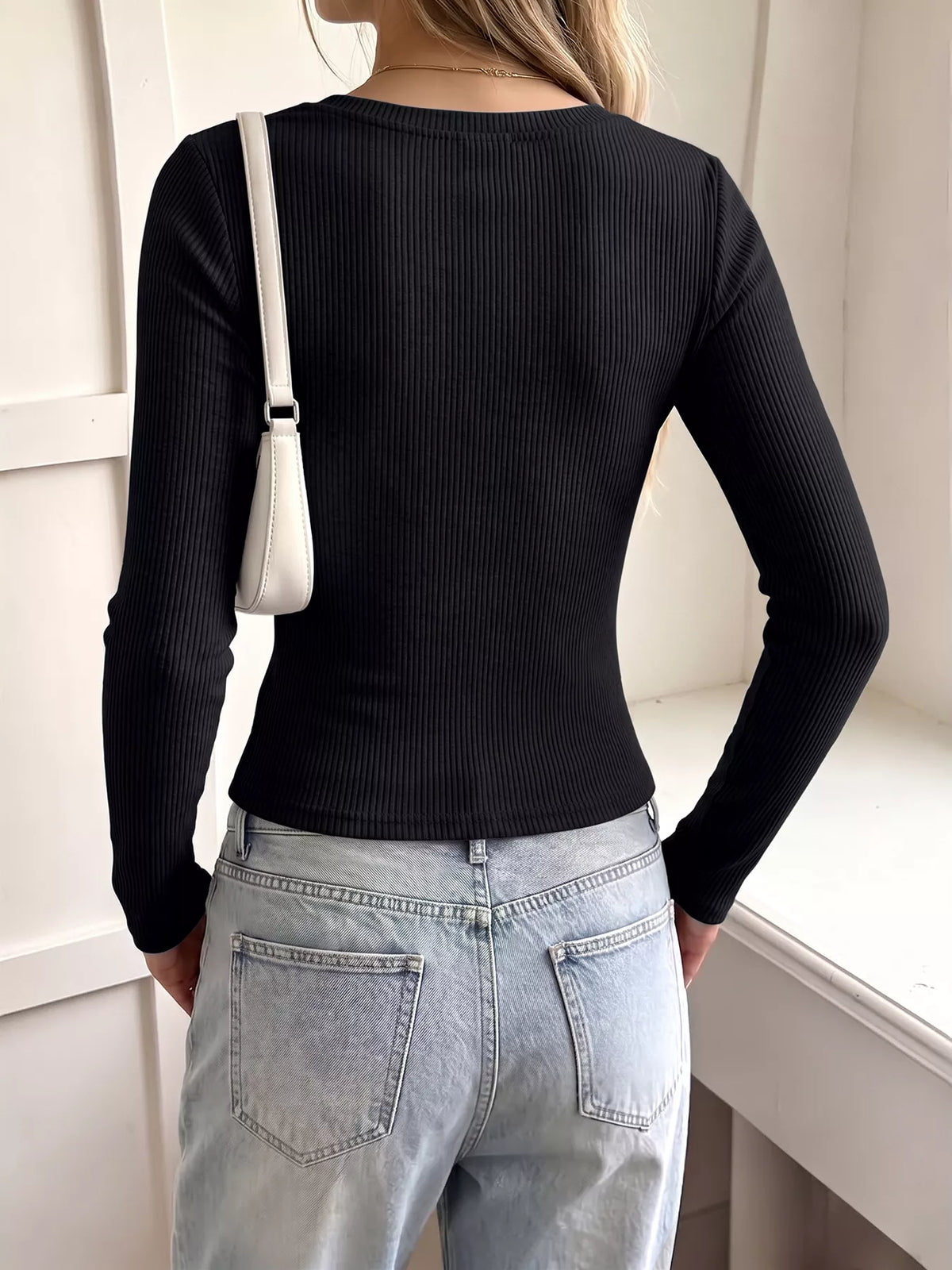 Lace Trim Ribbed Knit Long Sleeve T-Shirt - Lilixa.store